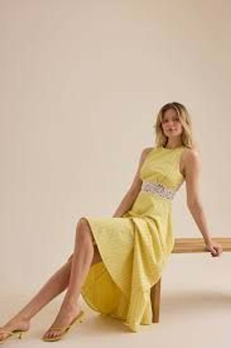 Altar'd State Yellow Striped Lace Trim Open Back Midi Dress NWT